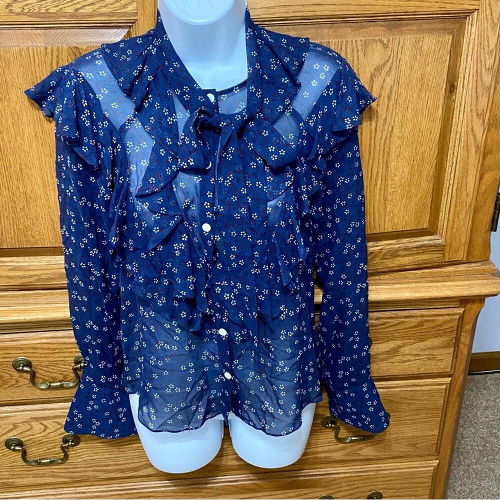 Veronica Beard Finley Silk Ruffle Tie Neck Blouse Dark‎ Blue Floral Women’s Sz 0